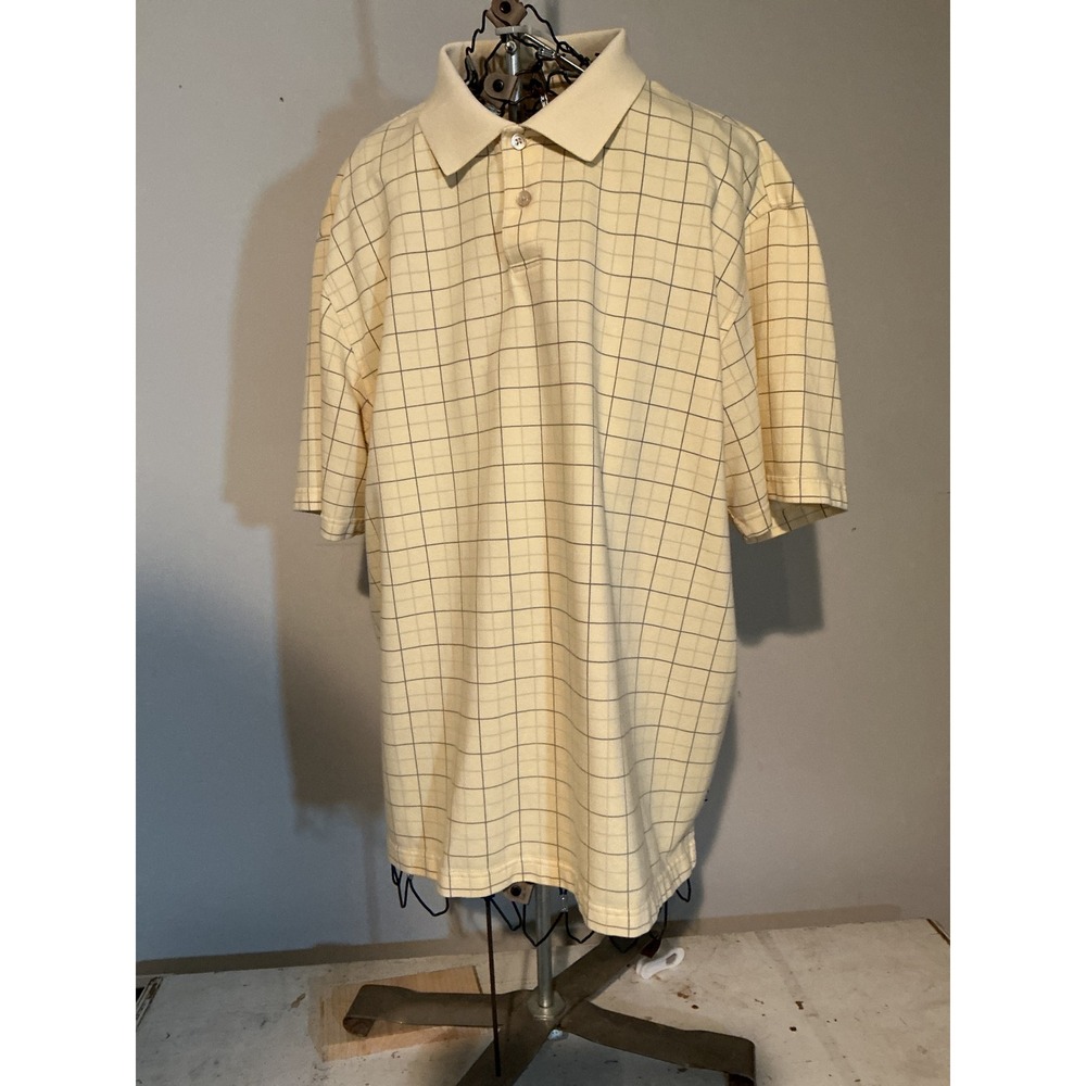 Geoffrey Beene Mens Large Polo Shirt Cream Yellow Grid Check Short Sleeve L